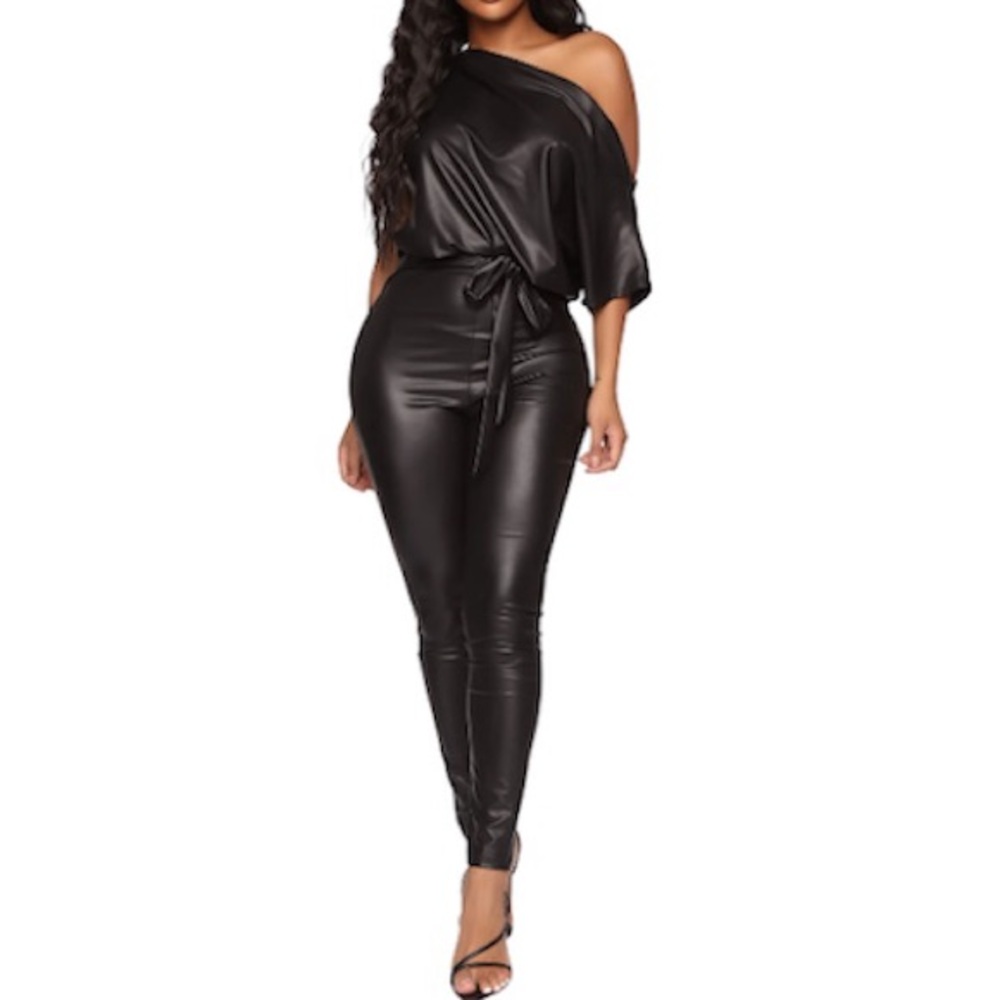 [Fashion Nova] PU Off-Shoulder Jumpsuit
